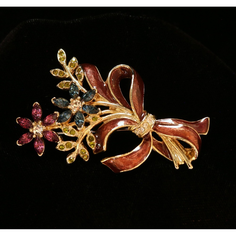 Monet Gold Tone Multicolored Floral Bouquet Brooch Enamel Rhinestone Ribbon Pin